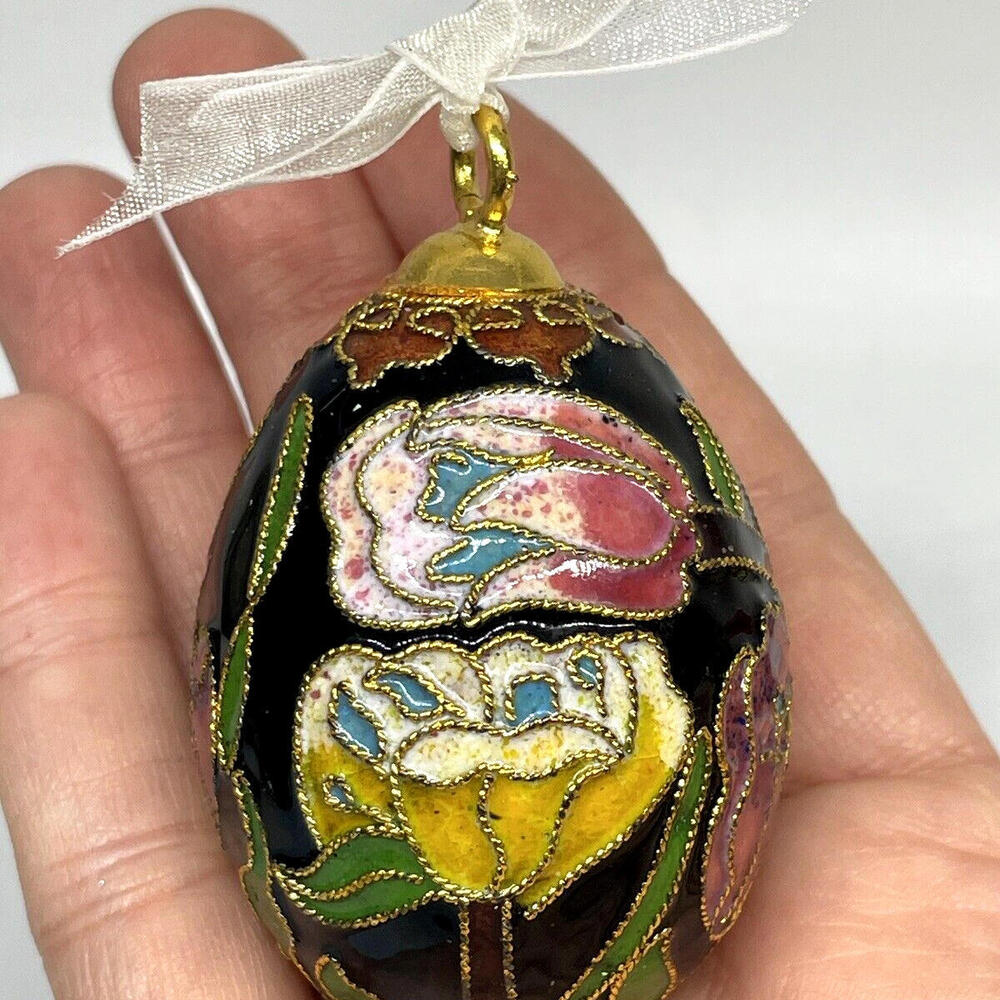 Vintage Cloisonne Enamel Egg Ornament Pink Black Gold Floral Hanging 2.5"